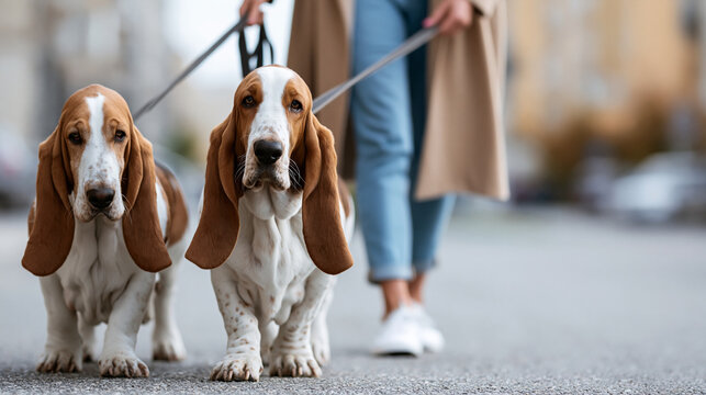 Dog walker taking care of adorable basset hounds on a leash in an urban setting, city pet care service, dog walking business, faceless, defocused street, with copy space