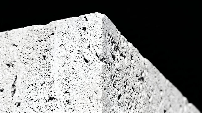 Rough textured white stone block corner detail isolated on black background with sharp edge and porous surface.