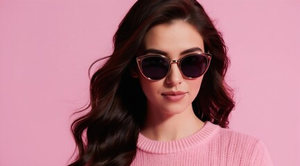 Fototapeta premium Brunette woman wears pink sweater and sunglasses. She poses against a solid pink background, her wavy hair flowing. Portrait captures her stylish look.