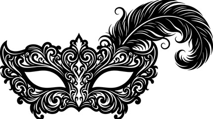 Elegant Masquerade Mask Vector Silhouette with Vintage Filigree Ornaments and Plume Feather for Carnival, Mardi Gras, and Luxury Party Graphic Designs © MDSOBUJ