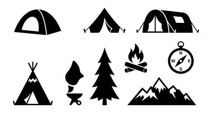 Military Camp Equipment Vector Set with Camouflage Tents, Shelter, Cots, Storage Cases, Bags, and Antenna for Army Base Illustration © MDSOBUJ