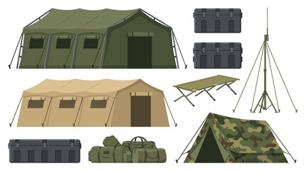 Military Base Camp Vector Elements Set Featuring Camouflage Tents, Army Shelter, Tactical Gear Boxes, Cots, and Field Communication Antenna © MDSOBUJ