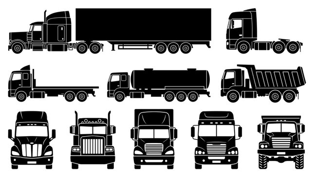 Commercial Heavy Duty Truck Vector Silhouette Set Featuring Semi Trucks, Tanker, Dump Truck, and Front View Lorry Icons for Logistics and Transportation