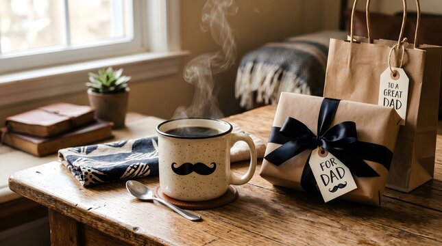 A happy fathers day gift set with a coffee mug with a mustache and a wrapped present on a wooden table in a cozy home setting for a celebration of dad