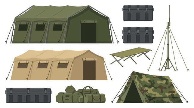 Military Base Camp Vector Elements Set Featuring Camouflage Tents, Army Shelter, Tactical Gear Boxes, Cots, and Field Communication Antenna