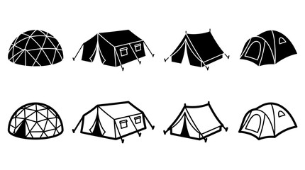Camping Tent Icon Collection with Dome Cabin and Outdoor Shelter Symbols for Adventure Travel Hiking and Recreation Design Projects © MDSOBUJ
