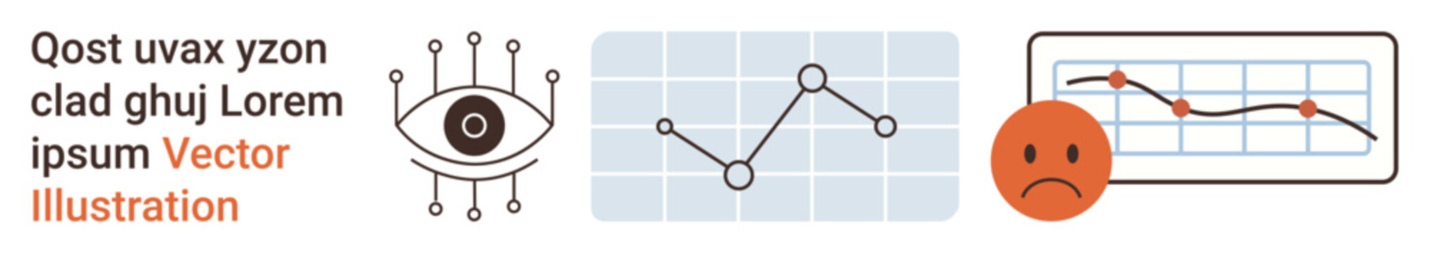 Data analysis, business trends, market forecasting, stock performance, economic analysis, visual communication. Eye icon, line graph on a grid and frowning face indicating a decline. Data analysis