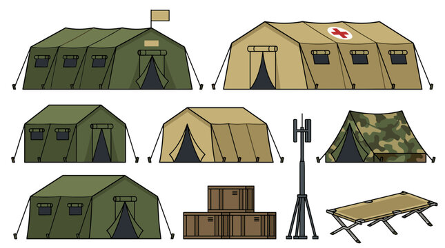 Military Field Tent and Army Camp Equipment Collection with Tactical Shelter Medical Base Antenna and Outdoor Survival Gear Elements