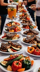 Obraz premium Plates with grilled steaks and roasted vegetables on a buffet table. Guests select food at a catered event. Drinks are available in dispensers. Variety of tasty dishes for a party.