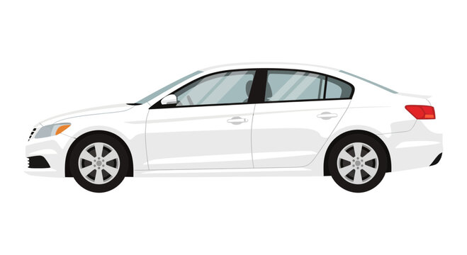 White sedan car side view isolated on white background for transportation