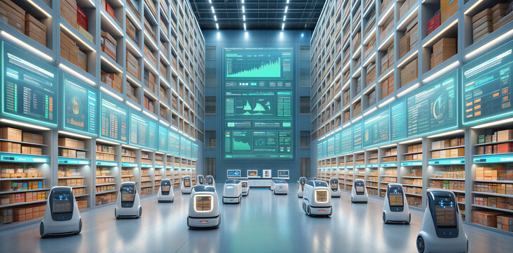 Autonomous mobile robots operating in futuristic high-tech automated warehouse with digital data overlays robotics warehouse automation technology logistics futuristic