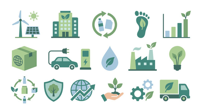 Green Energy and Eco Sustainability Vector Icon Set with Renewable Resources, Electric Vehicles, Recycling, Environmental Protection, and Clean Technology Symbols