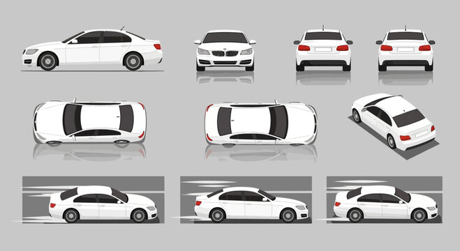 White sedan car views side front back top angles and motion on asphalt