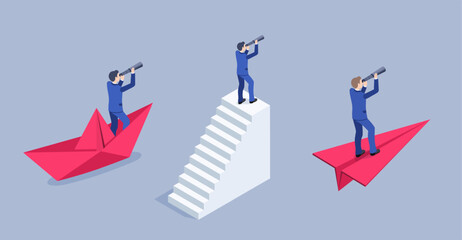 isometric vector image on a gray background, man in a business suit with spyglass stands on a high platform and flight, far prospects for business © dimon_ua