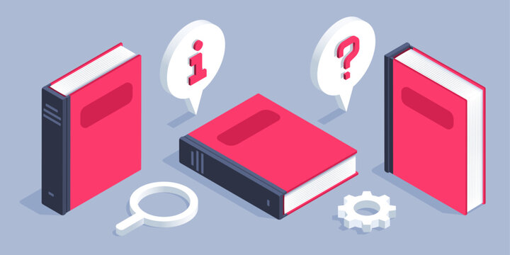 isometric vector image on a grey background, a red book in different angles and signs, reading and learning