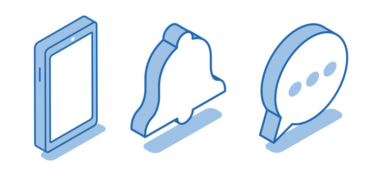 Isometric vector icon set of smartphone near bell and message on white background, notification of new message