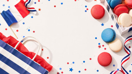 Obraz premium Flat lay French celebration with macarons, shopping bags and confetti