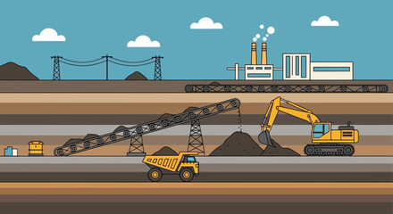 Coal mining operation with excavator, dump truck, conveyor belt, and processing plant © Irman