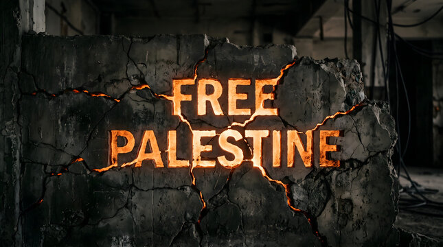 A weathered, cracked concrete wall displays the illuminated neon message 'FREE PALESTINE' against a backdrop of industrial decay and urban ruins.