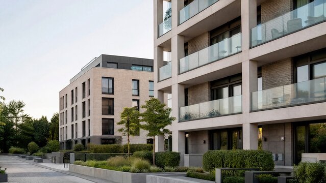 A modern housing complex with clean architectural lines, illuminated by soft daylight.