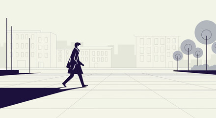 Silhouette of a person walking in a modern city square with minimalist architecture and stylized trees. © Kasan