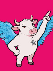 Fototapeta premium Cartoon Winged White Cow Pointing Upwards with Confident Pose