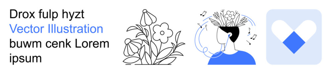 Mental health, self-expression, nature, creative thought, well-being, mindfulness. Line art flowers, person with creative mind abstract logo. Mental health and self-expression concept © robu_s