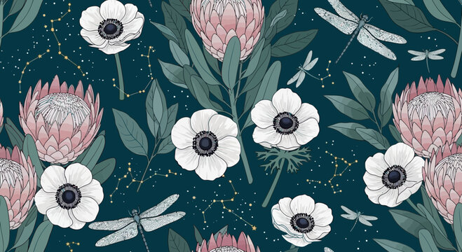 Floral pattern with protea anemone dragonfly and constellation elements