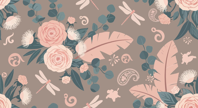 Floral pattern with roses leaves dragonflies and paisley elements