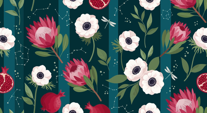Floral seamless pattern featuring protea flowers and pomegranates on dark background