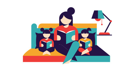 Mother reading to two daughters colorful illustration on transparent background