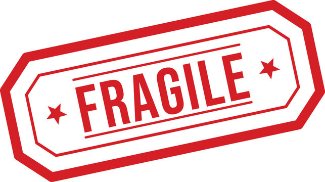 Red fragile rubber stamp sign on a clear white background warns of delicate contents needing careful handling