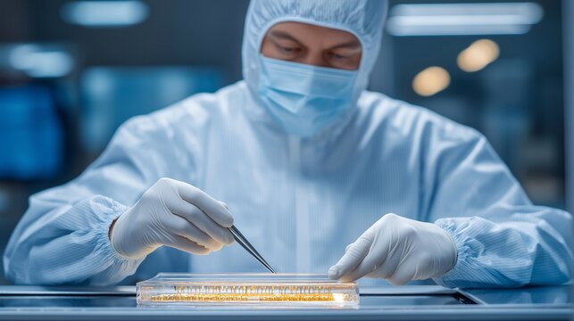 Cleanroom operator assembles a medical implant device under a laminar flow hood, sterile drape reflecting LED light, gloves holding precision forceps over a tray of tiny titanium screws, perfect