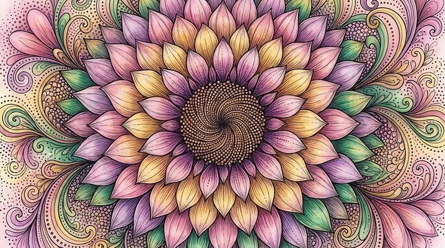 Boho floral mandala with pink yellow green petals and ornate paisley swirls