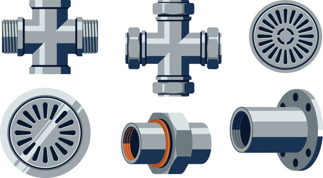 Industrial Metal Pipe Fitting Vector Illustration Set With Cross Joint, Drain Cover, Flange, Union Coupling For Plumbing Engineering Design