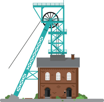 Industrial Coal Mine Headframe Vector Illustration Featuring Steel Gantry Tower and Brick Winding House for Historical Mining and Resource Extraction Engineering Designs