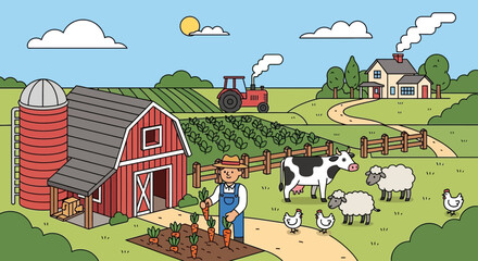 Cartoon Farm Scene: Farmer Harvesting Carrots with Animals and Tractor © kopi