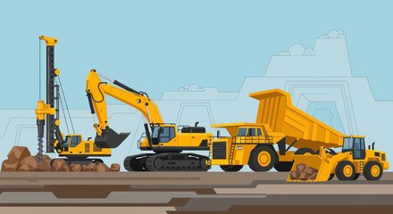 Heavy Construction Equipment: Excavator, Dump Truck, Loader, and Drill Rig © Kibul