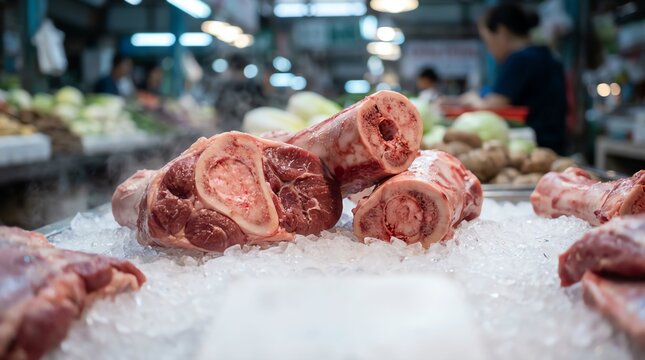 Fresh raw beef bone marrow cuts resting on a pile of crushed ice in a busy local food market stall