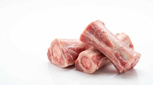 Fresh raw beef bone marrow pieces arranged together for cooking in this professional studio food photograph on a white surface