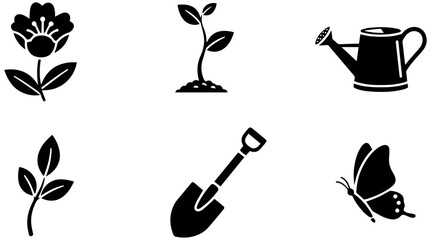Collection of gardening icons featuring flowers plants a watering can a shovel and a flying butterfly © Sai.K