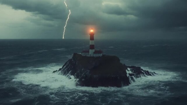Seascape showing a strong lighthouse on a rocky island fighting huge waves in a thunderstorm