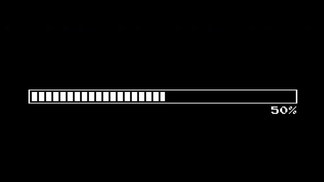 digital loading 8 bit retro white bar with text loading pixel art and percentage progress animation on transparent background, 4k video