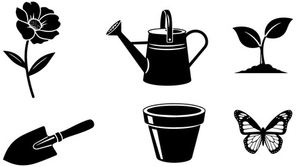 Collection of gardening icons featuring flower watering can seedling shovel plant pot and flying butterfly silhouettes © Sai.K