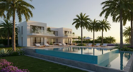 Fototapeta premium Modern Luxury Villa with Infinity Pool and Palm Trees at Sunset