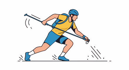 Fototapeta premium Cartoon man cross-country skiing with poles, helmet, and backpack