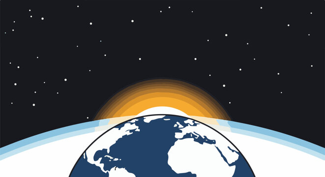 Earth seen from space at sunrise, with stars in the dark sky