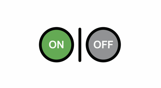 Simple graphic of two circular buttons, one green labeled 'ON', one gray labeled 'OFF'