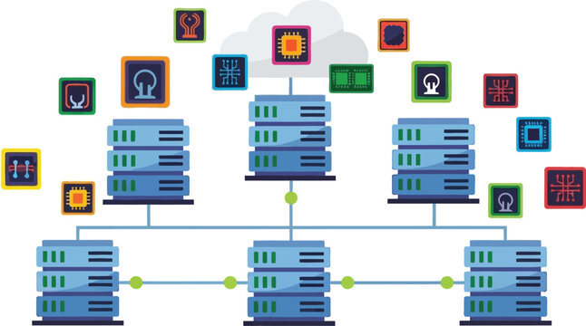 Cloud computing infrastructure connects multiple server units to a centralized data hub for efficient information management.