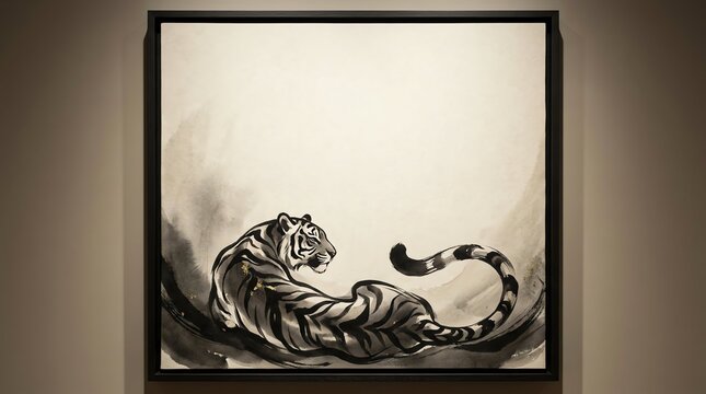 Artistic painting of a majestic tiger captured in a traditional ink style showcased within a simple black frame on wall